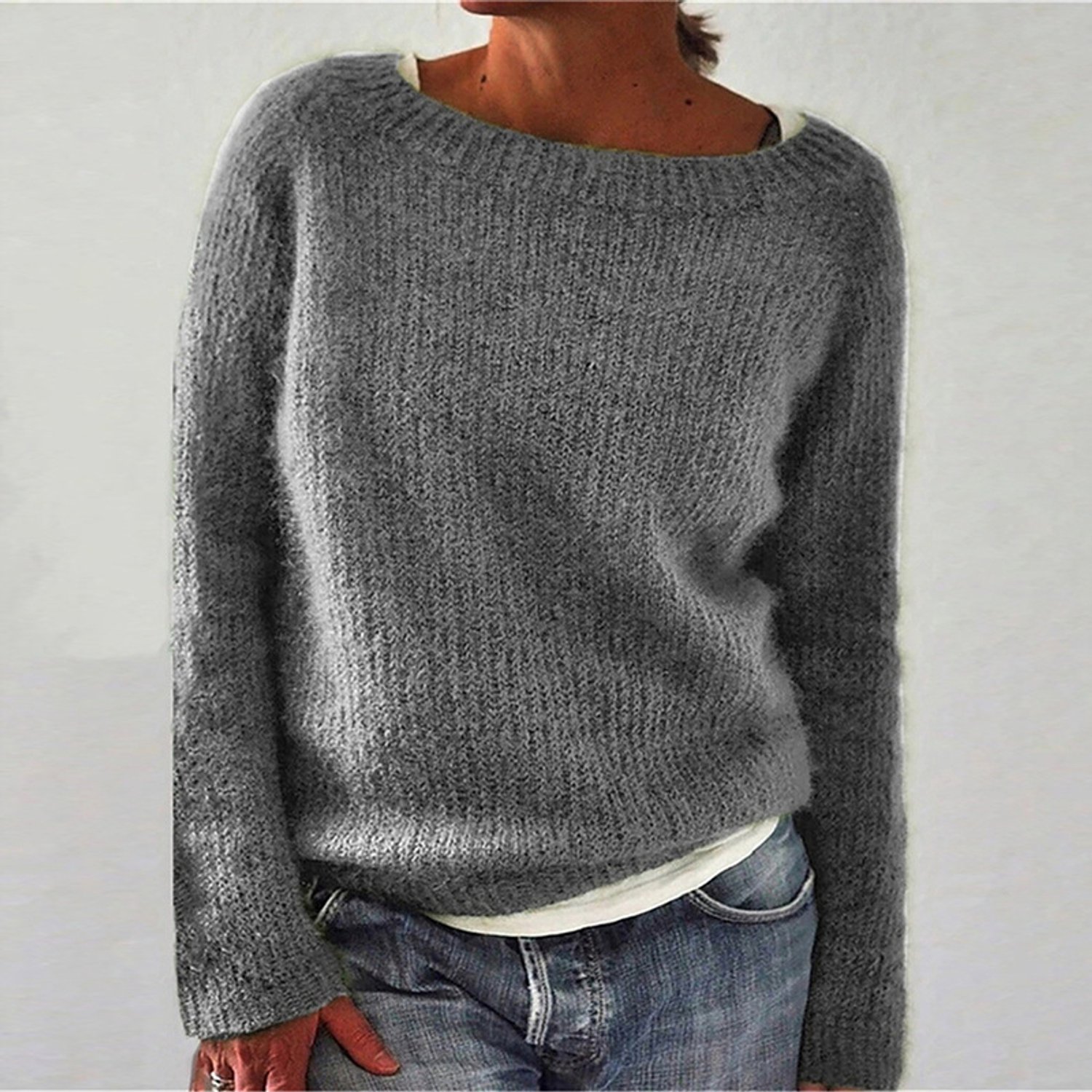 Trui Dames Effen Basic Gebreid Lang Mouw- Grijs-L