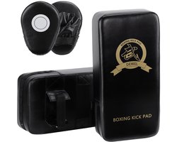 DEWEL Stootkussen, van PU-leer, 2 x PU-slagkussens en 1 paar PU handpratsen, boksen voor kickboksen, Thaise boksen, karate, zwart