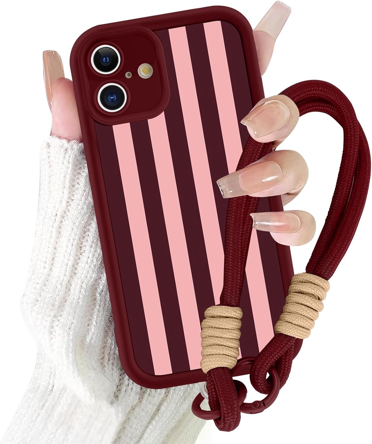 Beschermhoes voor iPhone 16 met nekkoord, esthetische zomerstrepen, strepenpatroon, beschermhoes met schouderriem, lanyard, halsketting, bordeauxrood, siliconen bumper, beschermhoes voor