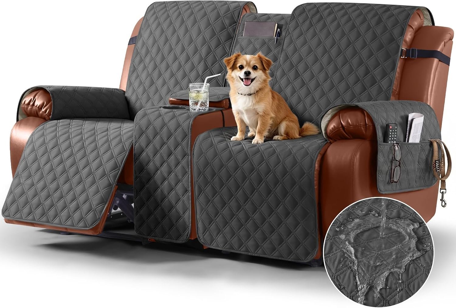 Ruaozz Waterdichte hoes voor ligstoel, loveseat met console, antislip bankhoes voor dubbele ligstoel, split bankhoes met elastieken voor kinderen, honden, huisdieren (houtskoolgrijs, 2-zits)