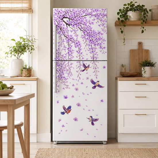 2 stuks paarse bloesem en vogel patroon verwijderbare koelkast wraps, zelfklevende koelkast deur muurschildering vinyl vriezers paneel cover sticker voor keuken bar decor, 41,5 x 200 cm — afbeelding 2