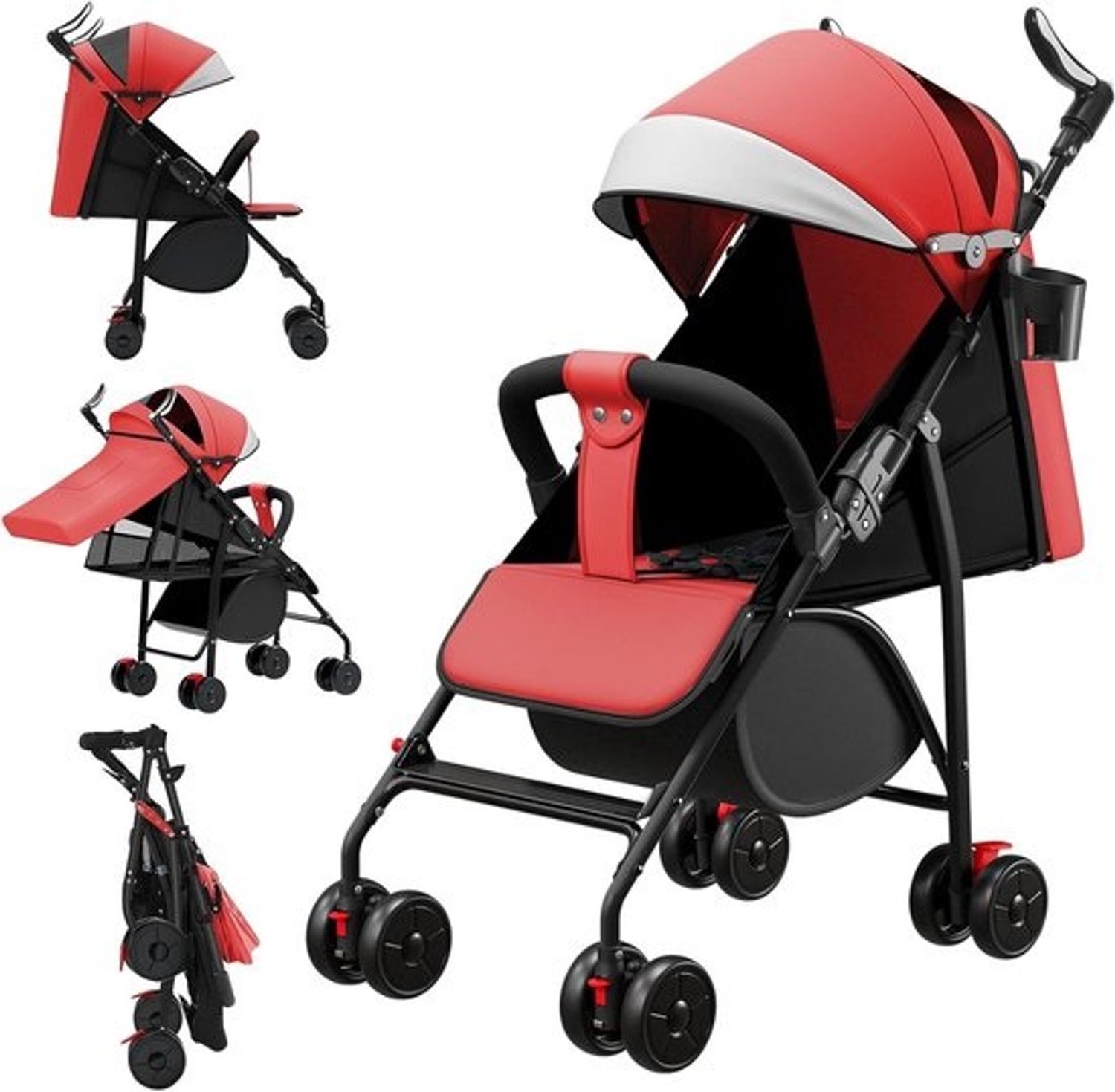 Opvouwbare kinderwagen - Compacte babybuggy - Veilig vervoer - Rugleuning verstelbaar - 0-6 jaar - Rood