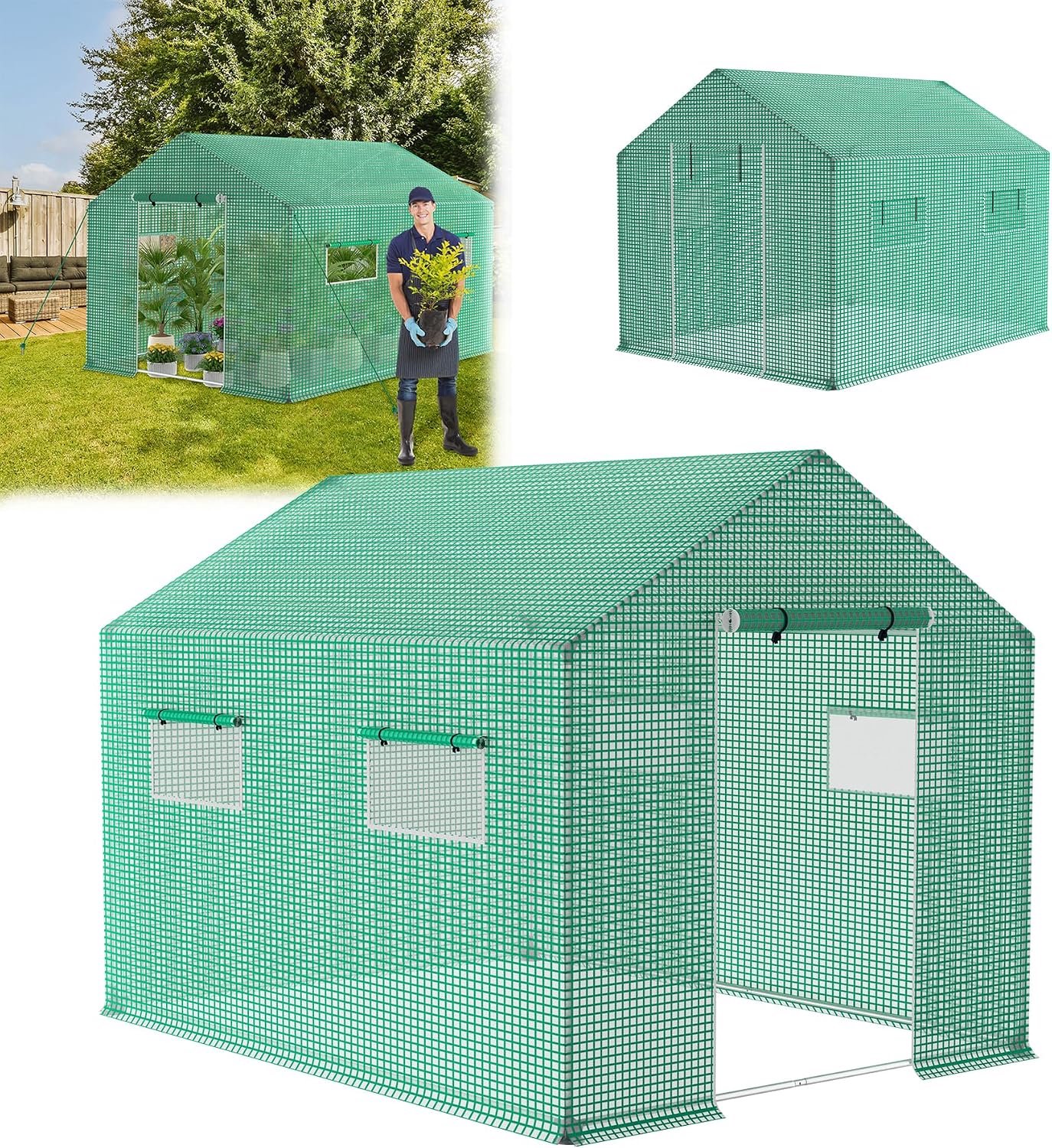 3 x 2 x 2 m, winterbestendige broeikas, foliekas, tomatenkas, 6 ㎡, verzinkte stalen buis, roosterfolie met ramen, grondankers, vorstbescherming, broeikas voor groenten, bloemen en planten,