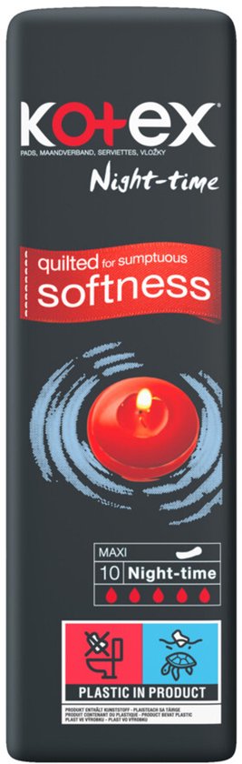 Kotex Maxi Night-time maandverband met 10 stuks, gericht op zachtheid.