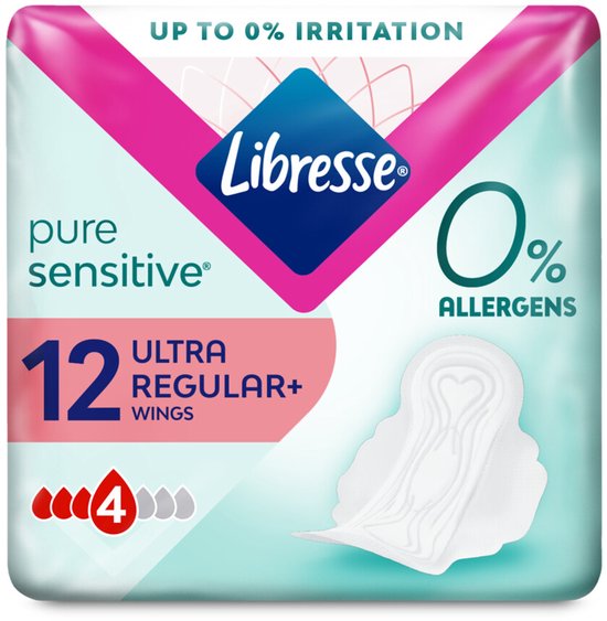 Libresse Pure Sensitive verpakking met 12 ultra regular+ maandverbanden met vleugels. Up to 0% irritation, 0% allergens.