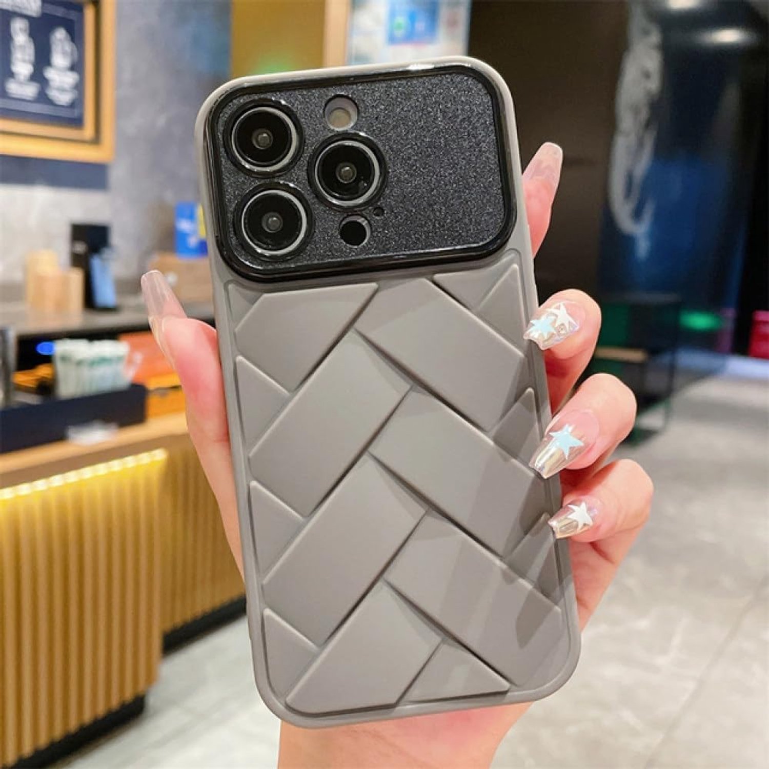 Luxe groot raamlens beschermend kleurrijk geweven siliconen zacht hoesje voor iPhone 15 14 Pro Max 13 12 11 Plus Cover, grijs, voor iPhone 14Plus