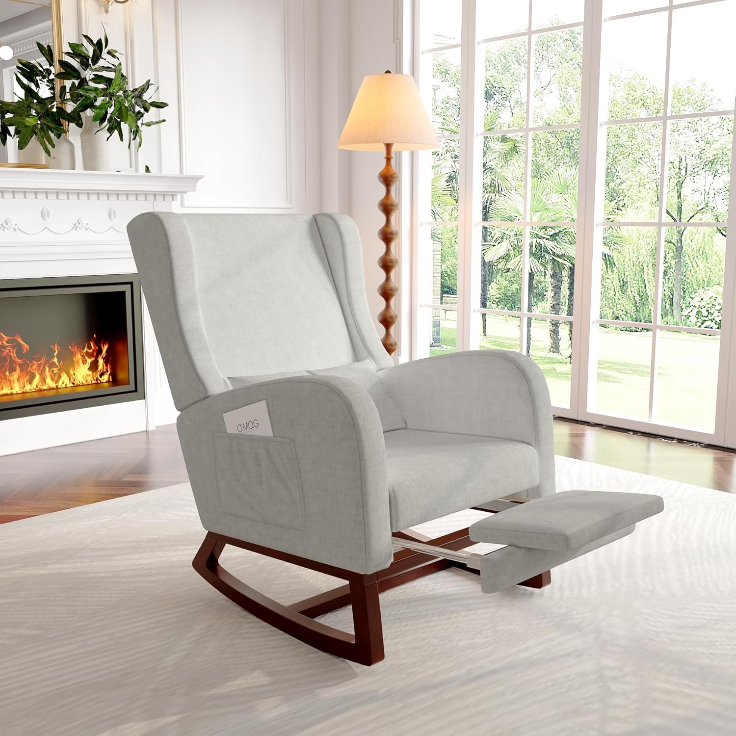 Scandinavische schommelstoel, borstvoeding, vrijetijdsstoel, stoffen fauteuil met houten voeten en metaal voor woonkamer, slaapkamer, grijs, met voetensteun