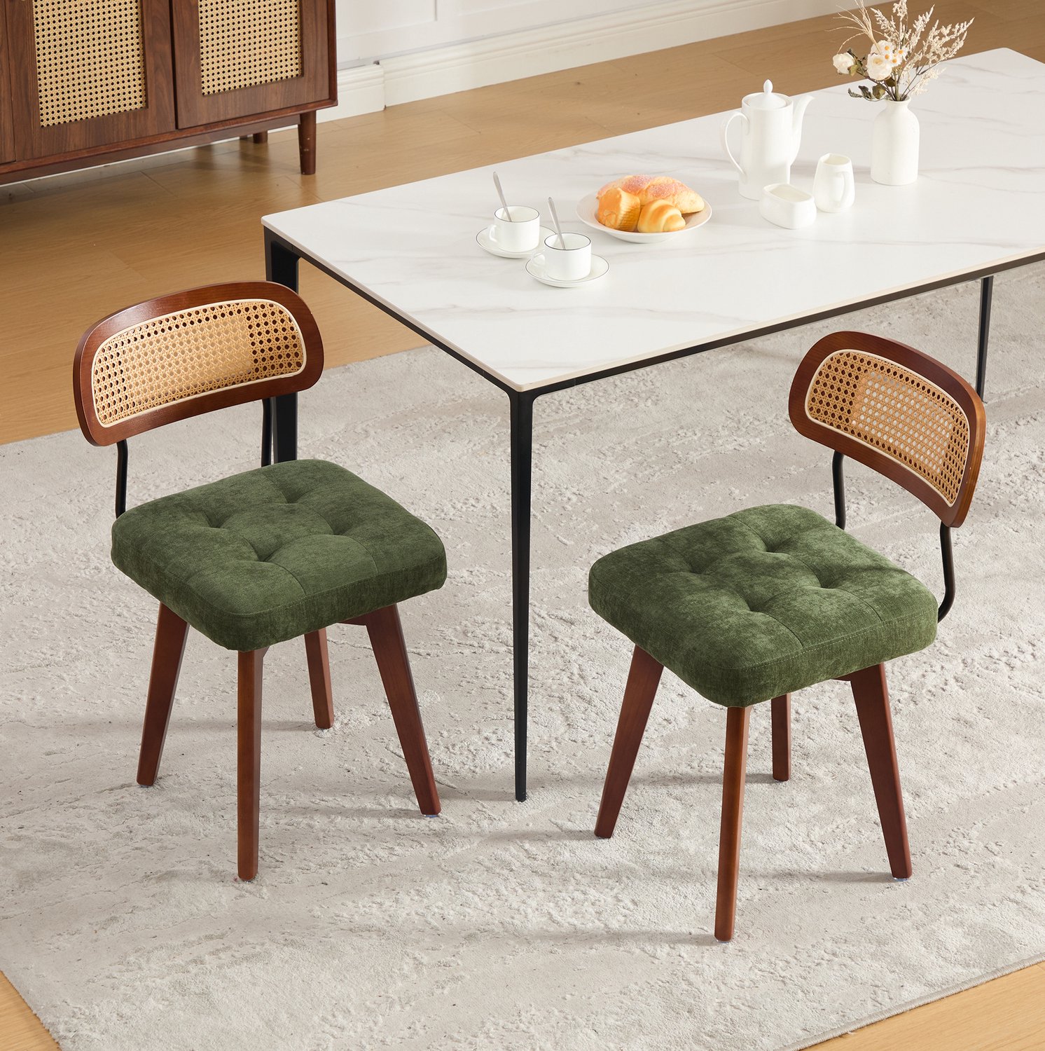 DESMIU Eetkamerstoel 43 x 50 x 77 cm - Set Van 2 360 Graden Draaibaar - Voor Eetkamer En Keuken - Chenille Groen
