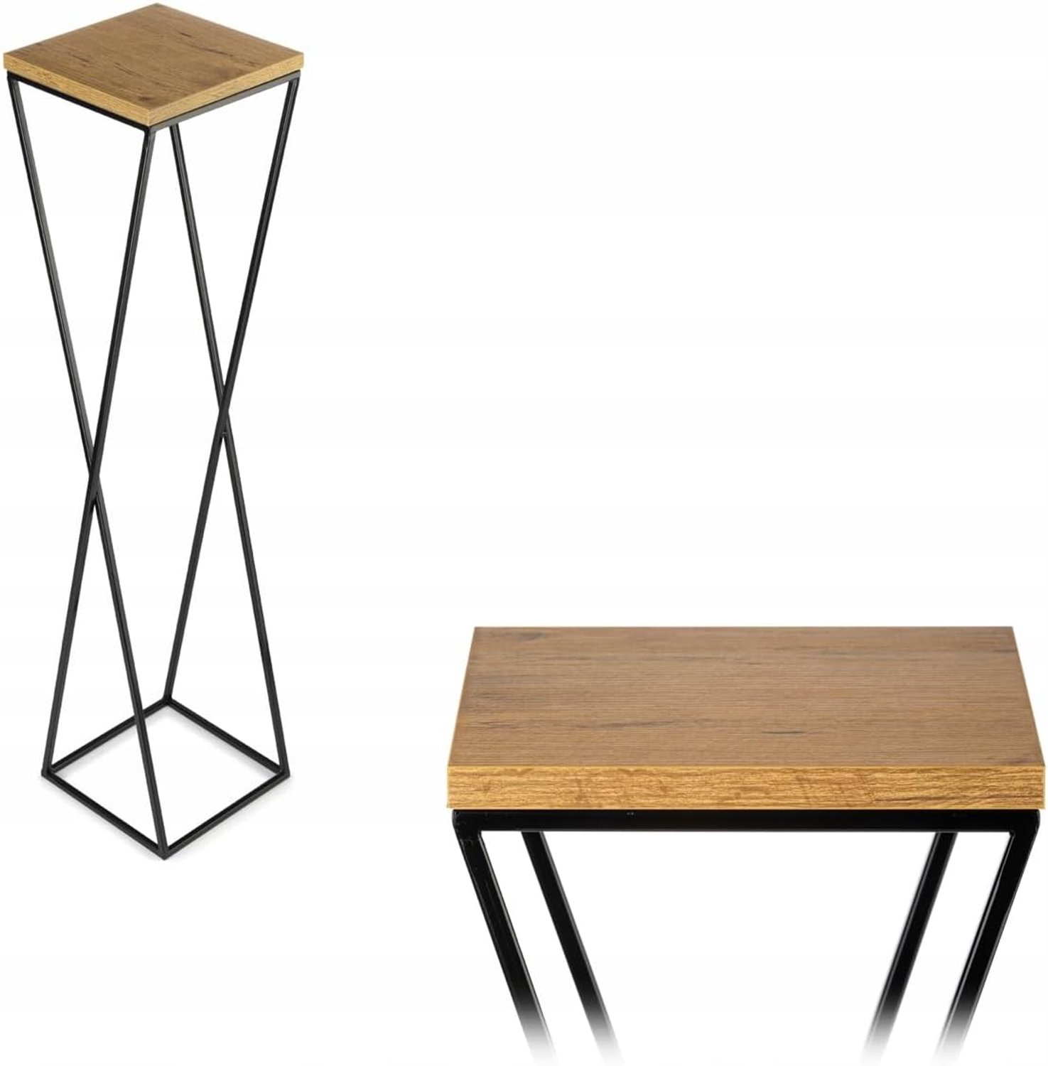 100 cm zwarte bloemenstandaard met MDF-plaat, eiken-look, glamour