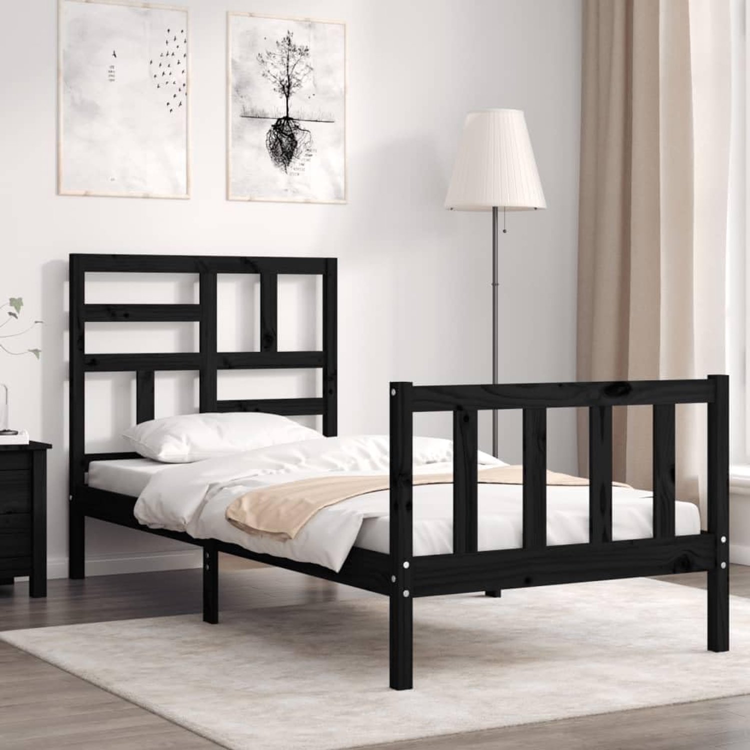 Bedframe 2FT6 Small Single Familiekbed, massief houten bed met hoofdeinde, zwart