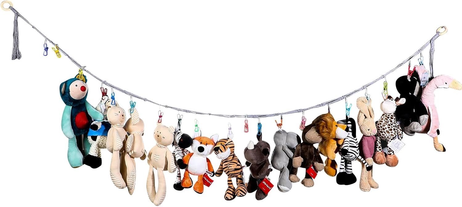 Hanging Organizer voor Pluche Speelgoed - Dierenhanger met 20 Metalen Clips en 79 Inch Lengte voor Efficiënte Opberging van Knuffels en Speelgoed