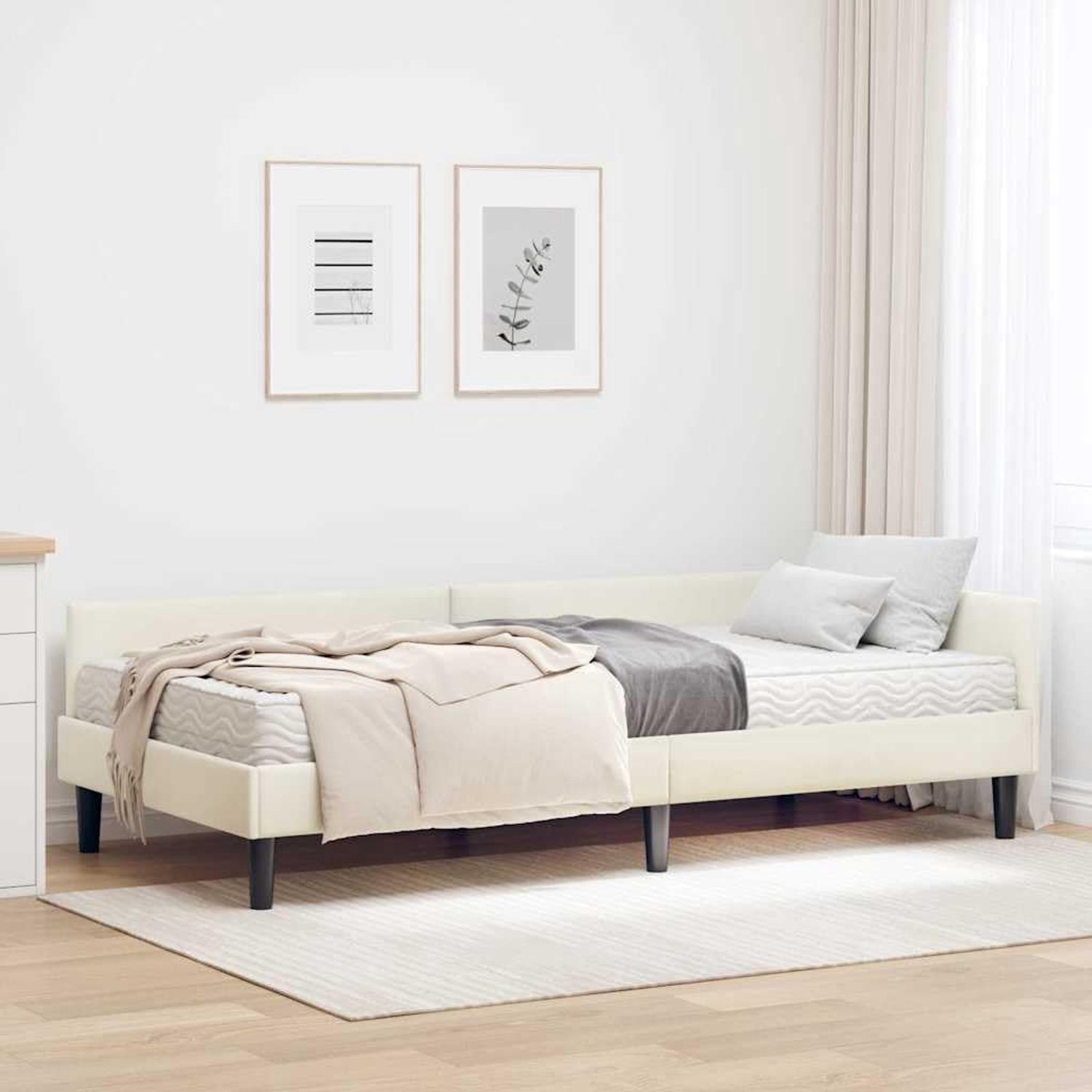 Fluwelen Hoekbedframe Met Matras Modern Hoekmodel Crème 90x200 cm