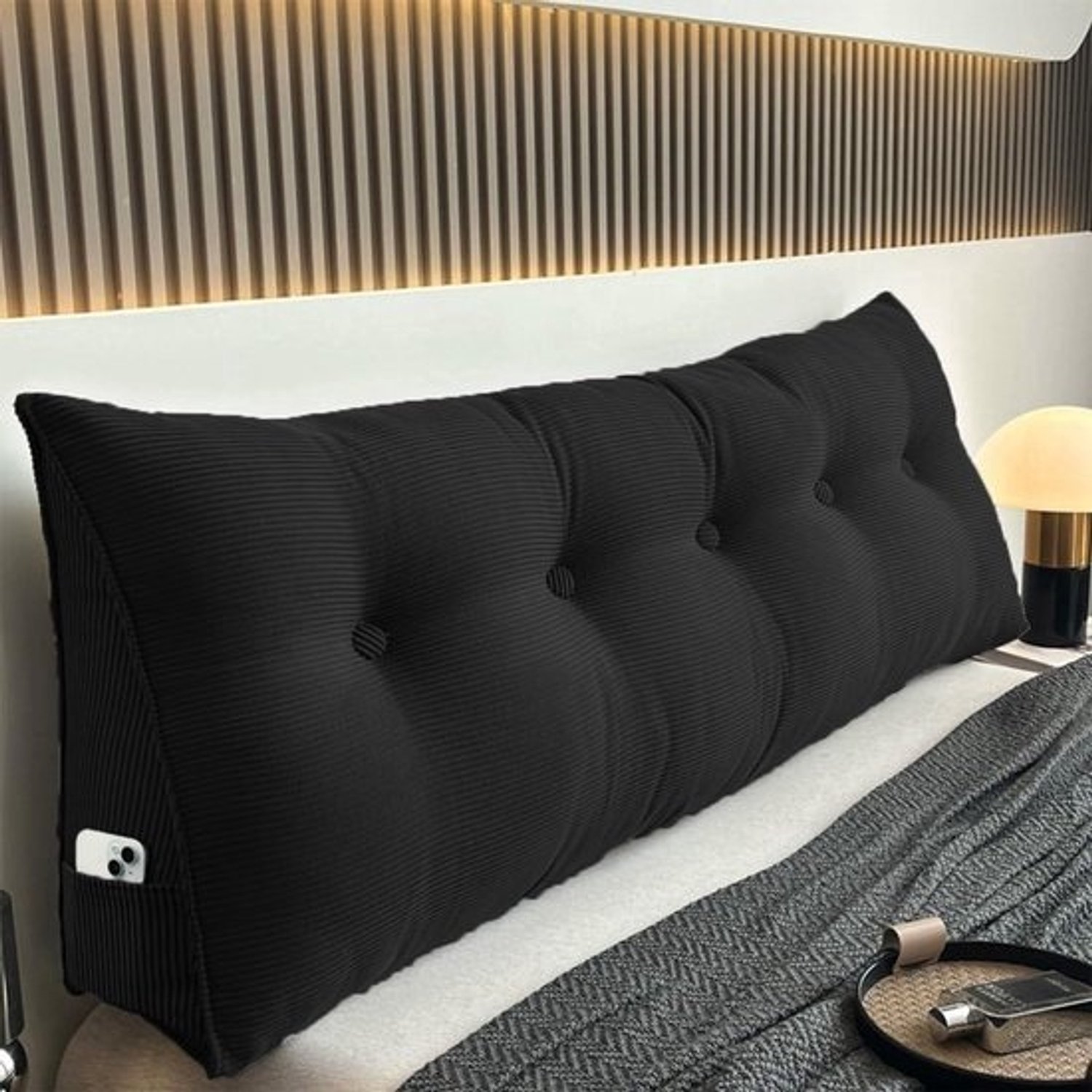 Wigvormig hoofdkussen - Leessteun voor rugleuning - Ontspannen zitten - Ergonomische ondersteuning - 200 x 50 x 20 cm - Zwart