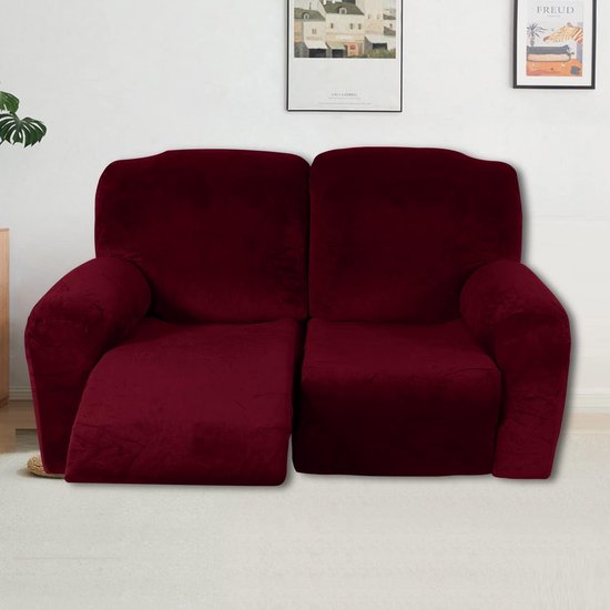 6 stuks Relaxfauteuil hoes Fluwelen Loveseat-hoezen Wasbare stretch-ligbank Zachte hoezen voor 2 kussens Relaxfauteuil Slipcover Meubelhoezen -wijn rood — afbeelding 4