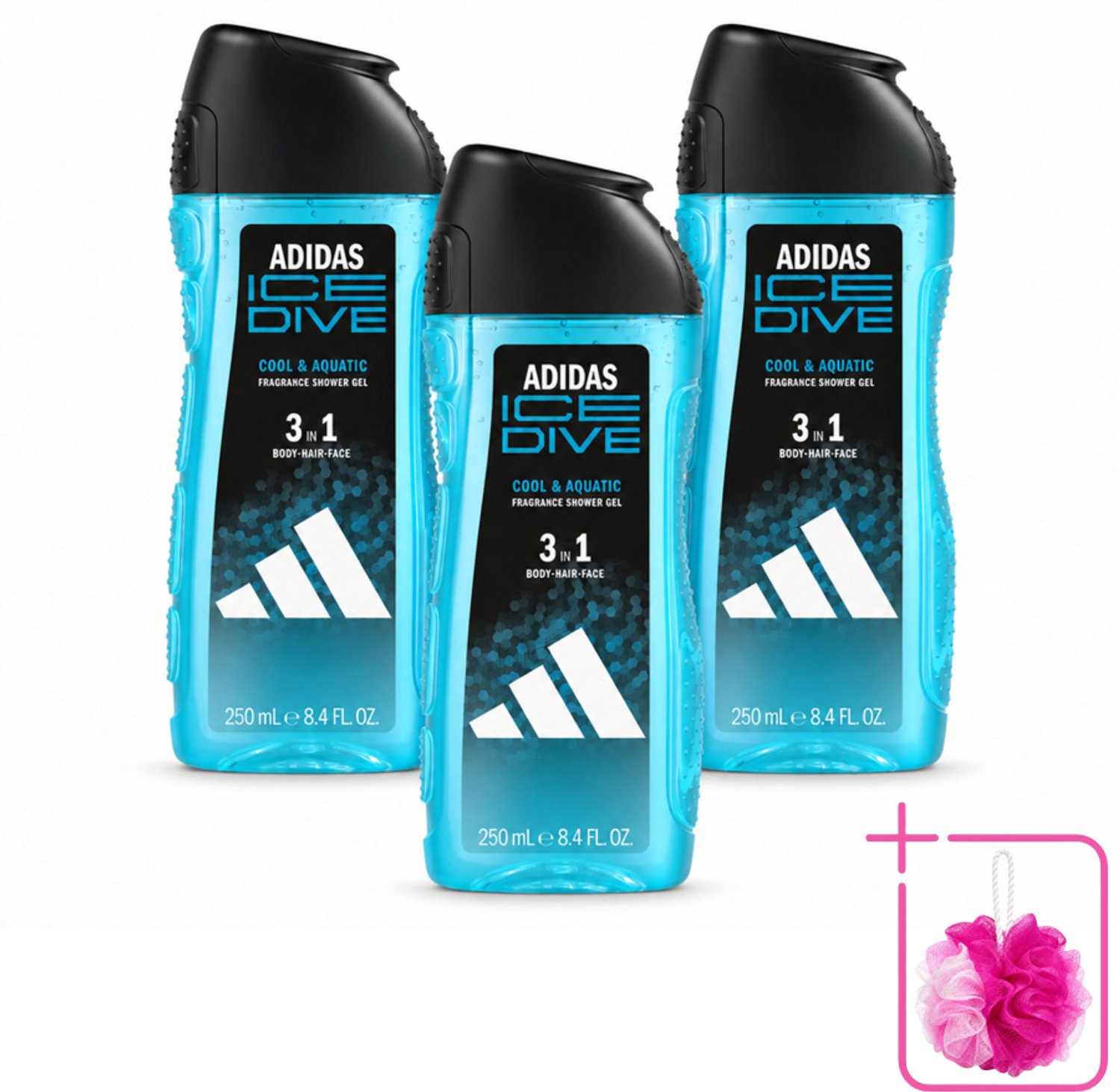 3 x Adidas – Douchegel 3-in-1 – Ice Dive – 250 ml - Bulkverpakking - Douchegel 3-in-1 - Douchemop - Frisheid