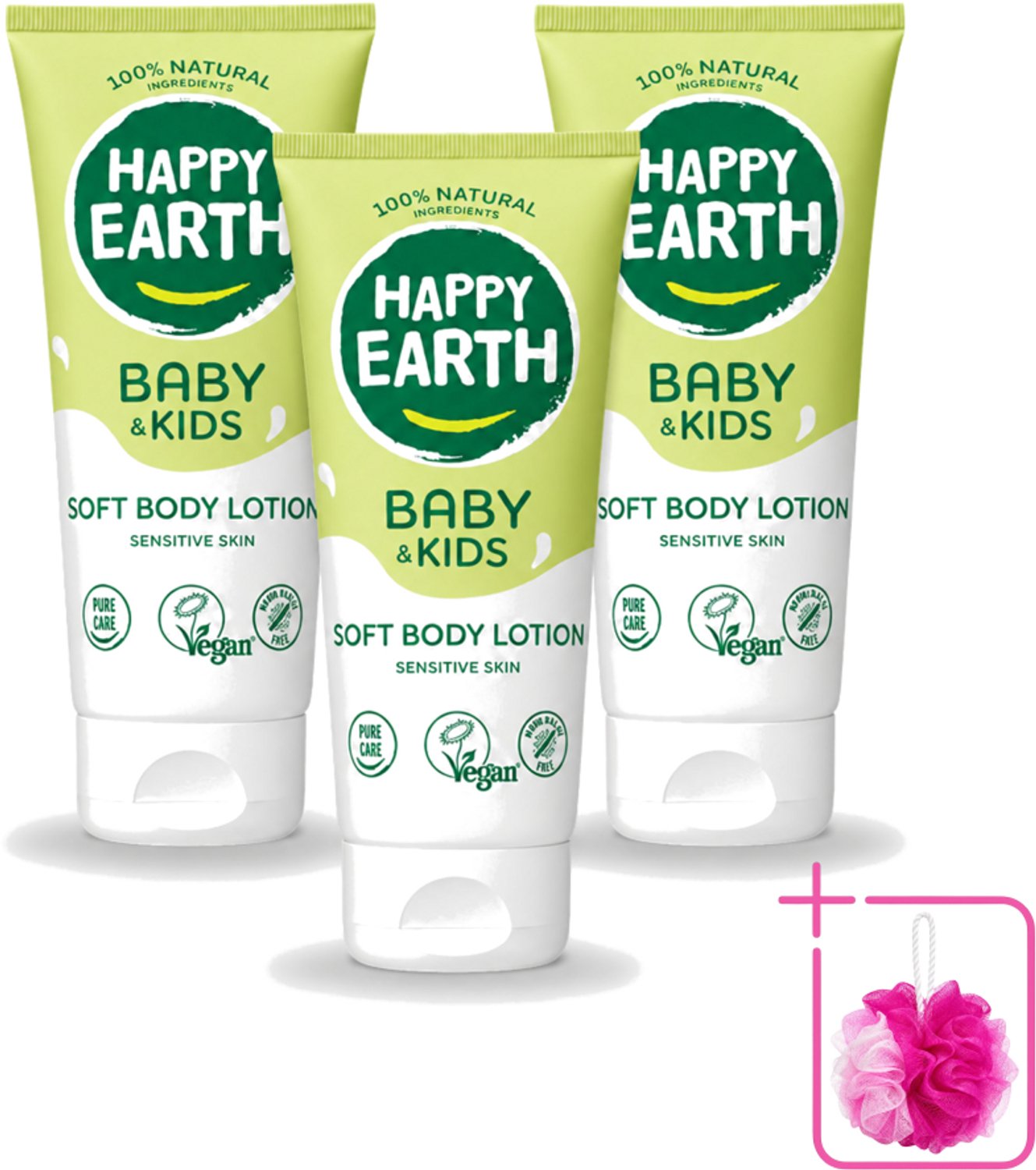 3 x Happy Earth – Bodylotion – 100% Natuurlijk Baby & Kids – 200 ml - Bulkverpakking - Babylotion - Douchemop - Kinderhuid