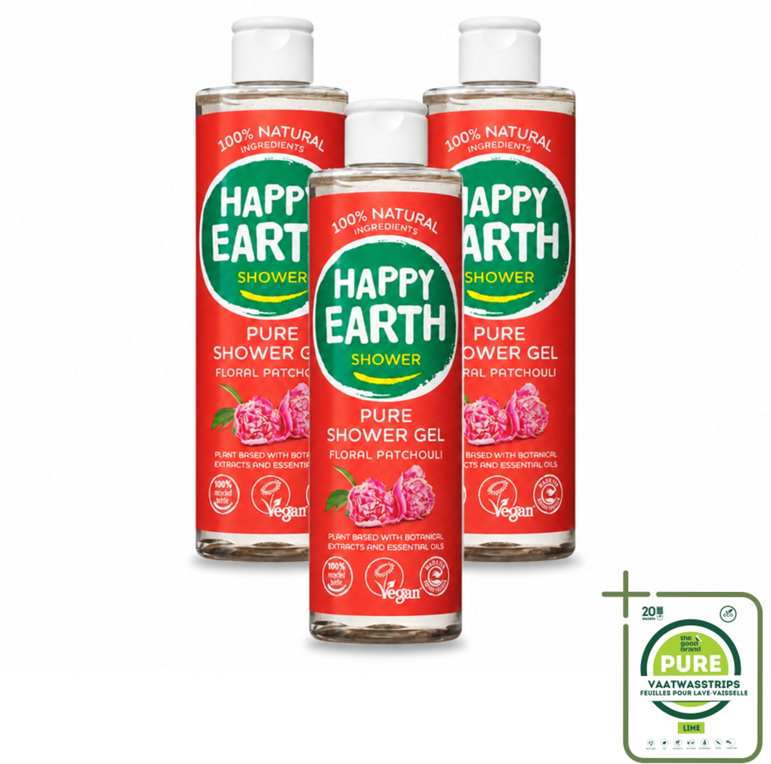 3 x Happy Earth – Douchegel – 100% Natuurlijk Floral Patchouli – 300 ml - Grootverpakking - Vaatwasstrips - Douchegel - Natuurlijke Douchegel - Vegan Douchegel - Patchouli Geur - Huid Verzorging