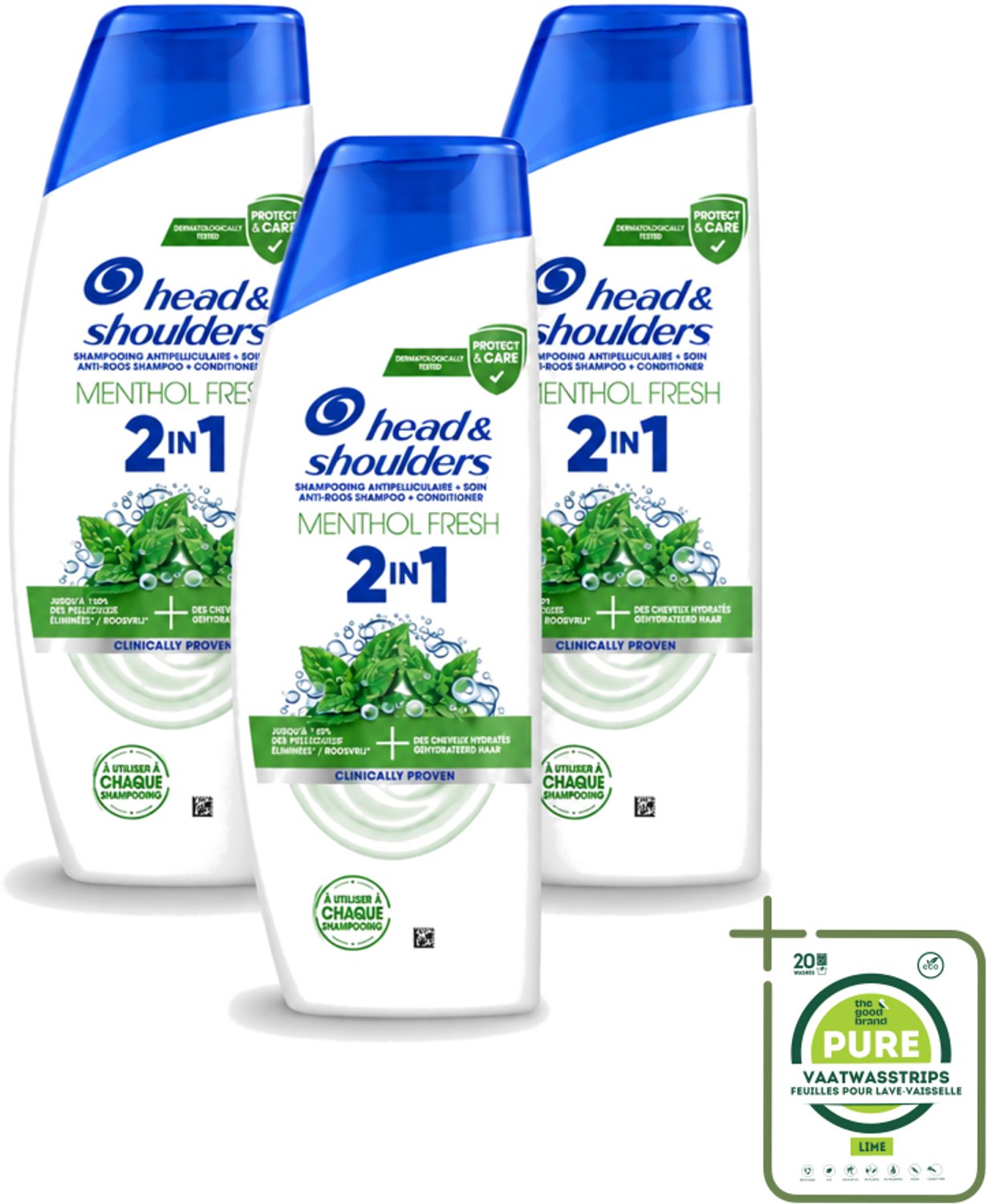 3 x Head & Shoulders – 2-in-1 – Menthol Fresh – 300 ml - Grootverpakking - Vaatwasstrips - Anti-roos Shampoo - 2-in-1 Shampoo - Menthol Shampoo - Verfrissende Shampoo - Shampoo Tegen Roos
