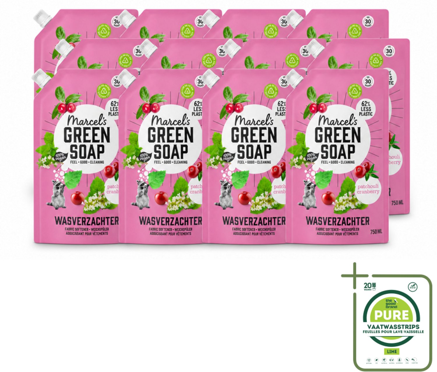 12 x Marcel’s Green Soap – Wasverzachter – Patchouli & Cranberry - Navulling – 750 ml - Grootverpakking - Vaatwasstrips - Wasverzachter - Navulling - Patchouli - Cranberry - Wasverzachter Navulling