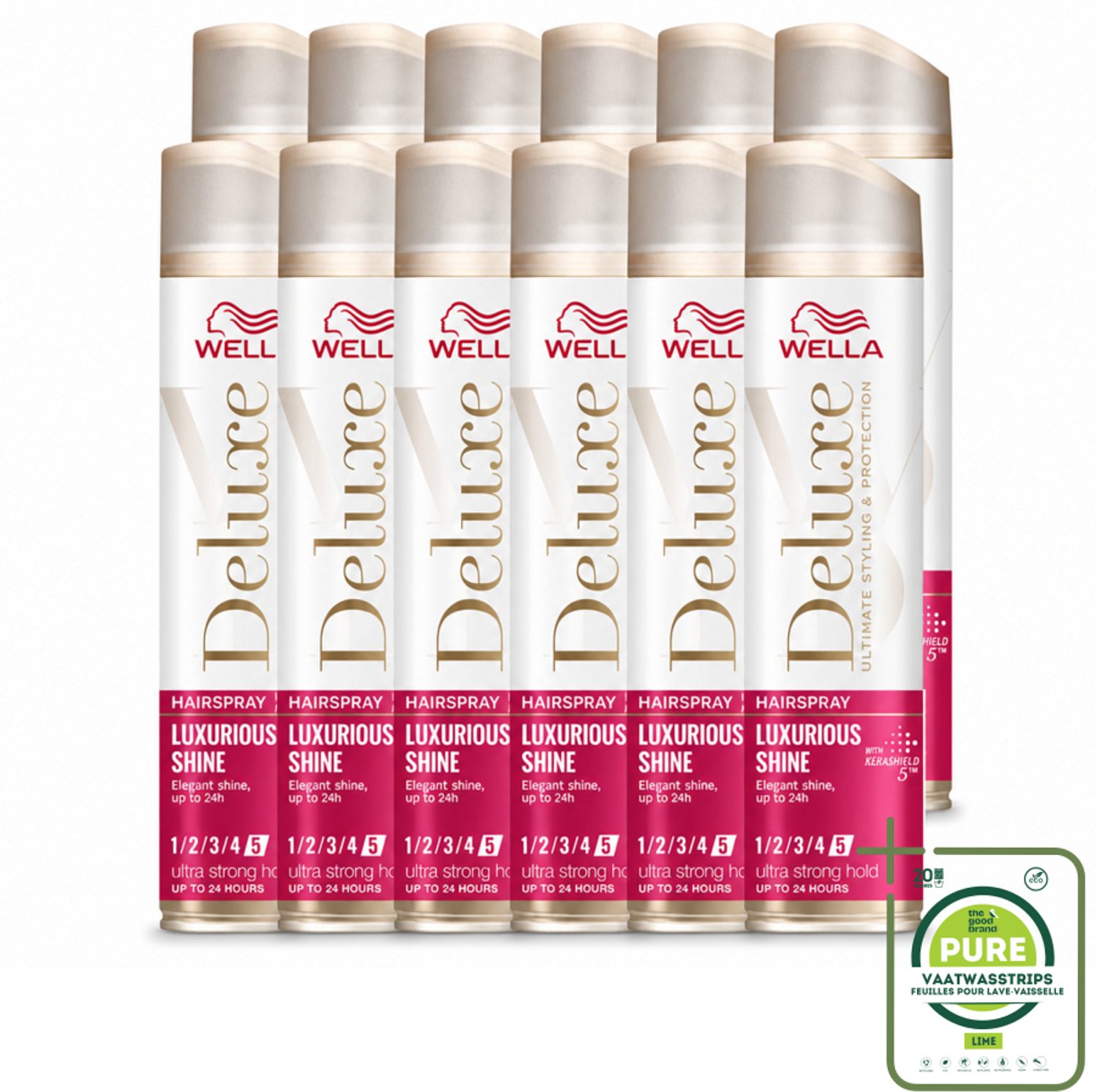 12 x Wella – Deluxe Luxurious Shine – Haarspray – 250 ml - Grootverpakking - Vaatwasstrips - Haarspray - Glans - UV Bescherming - Anti-pluis - Hittebescherming