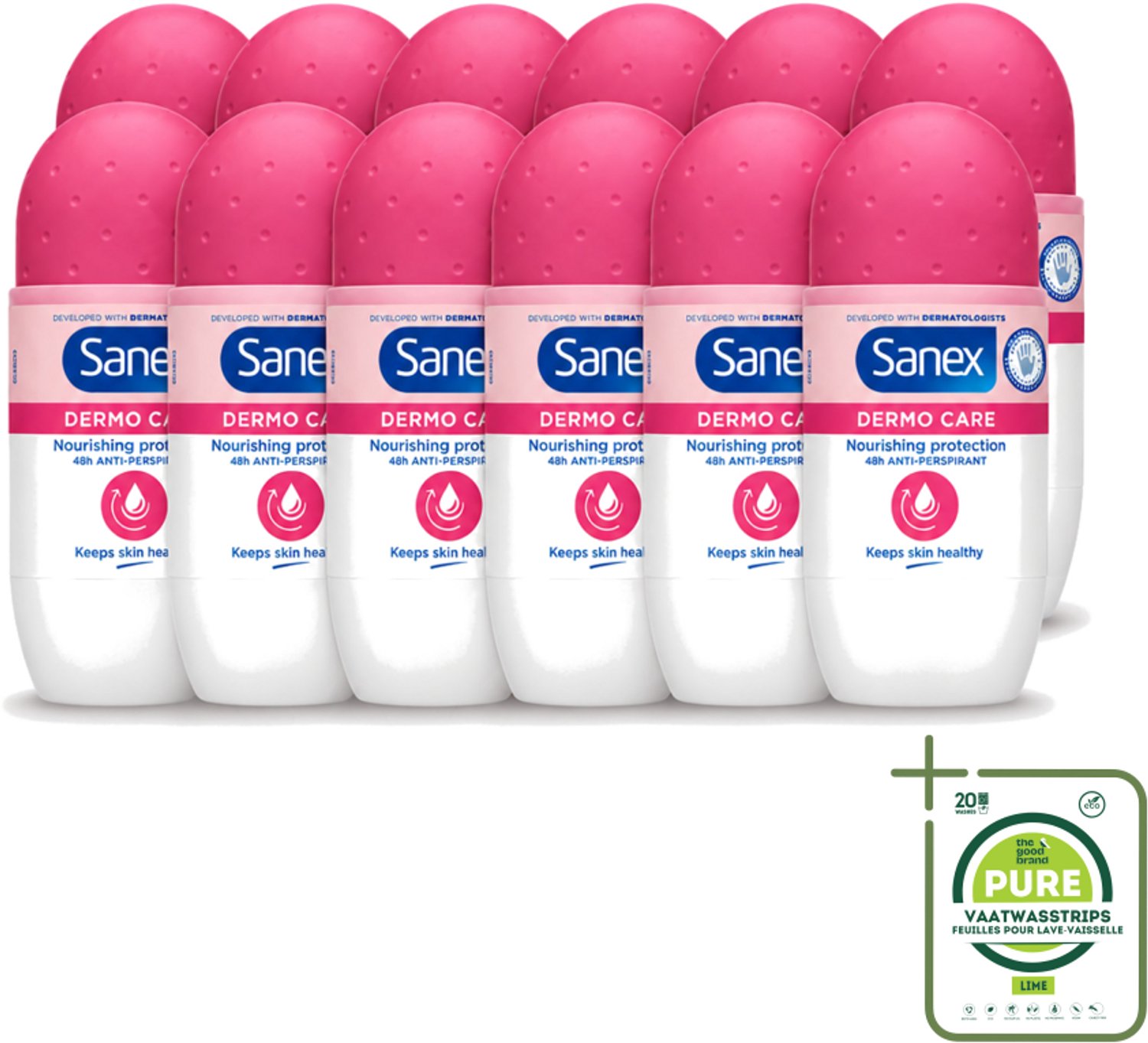 12 x Sanex – Deodorant Roller – Dermo Care 48H Antiperspirant - 50 ml - Grootverpakking - Vaatwasstrips - Antiperspirant 48h - Roll-on Antiperspirant - Huidverzorging - Zweetvermindering - Geurvermindering