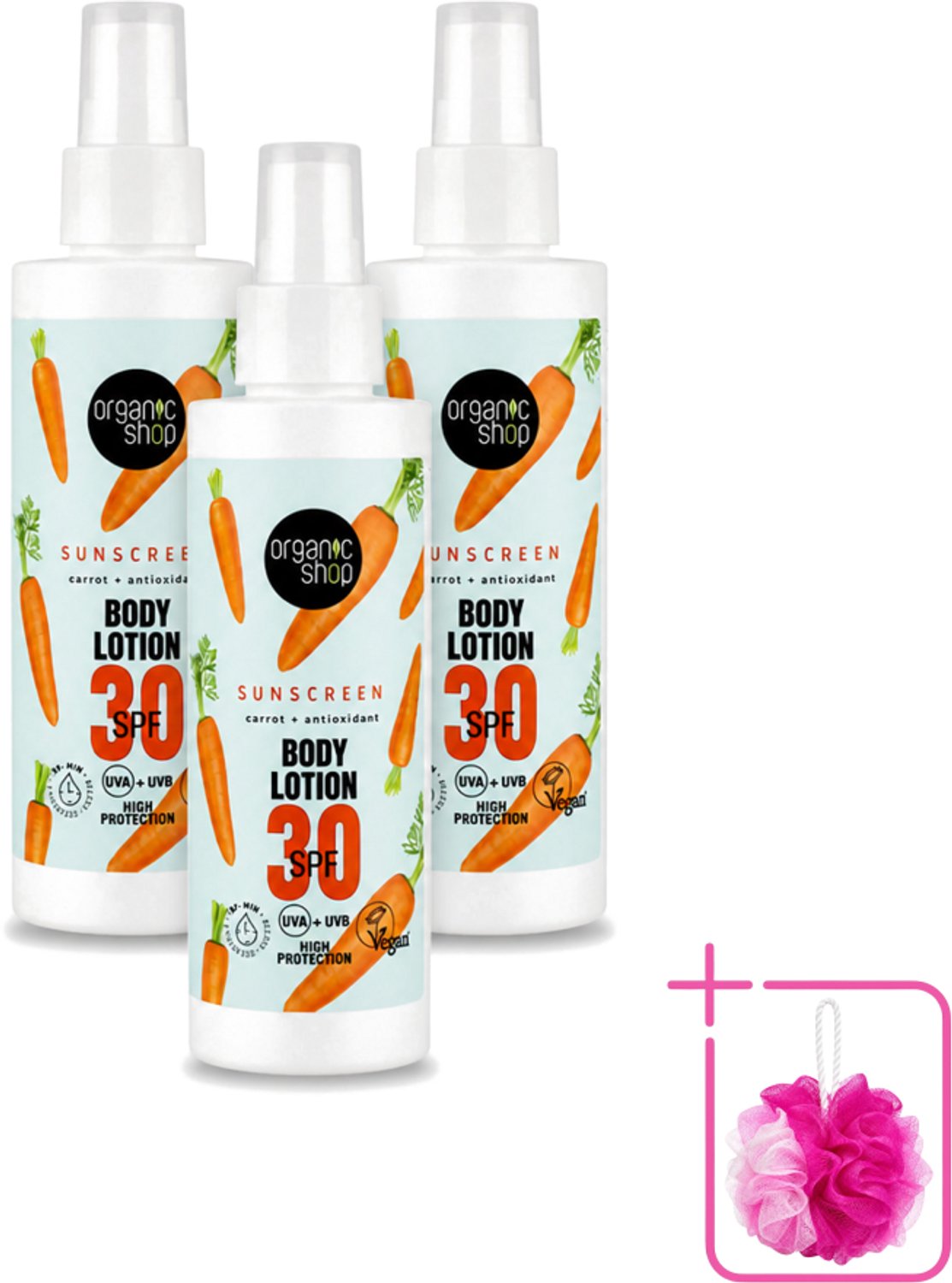 3 x Organic Shop - Zonnebrandcrème SPF 30 - Bescherming tegen de Zon - 150 ml - Bulkverpakking - Zonbescherming - Douchemop - Zonnebrandcrème