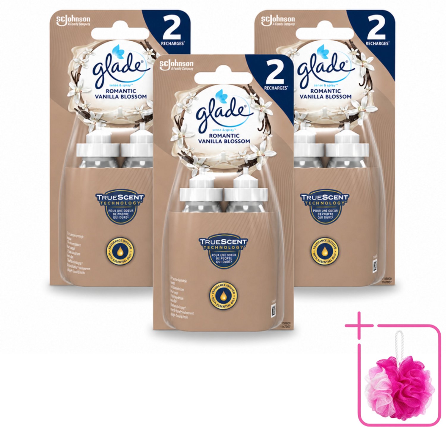 3 x Glade - Sense & Spray - Romantic Vanillebloesem - 2 × 18 ml - Bulkverpakking - Romantische geur - Douchemop - Geurverspreiding