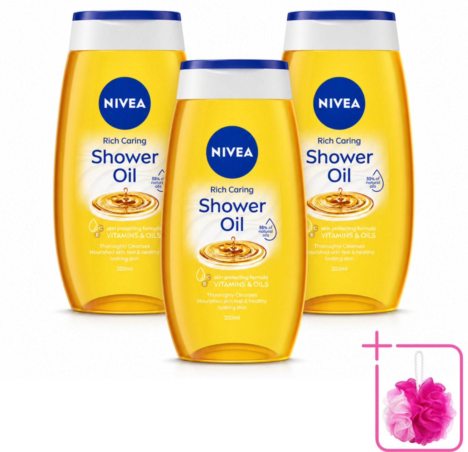 3 x NIVEA - Doucheolie - Natuurlijke Doucheolie - 200 ml - Bulkverpakking - Doucheolie - Douchemop - Natuurlijke oliën