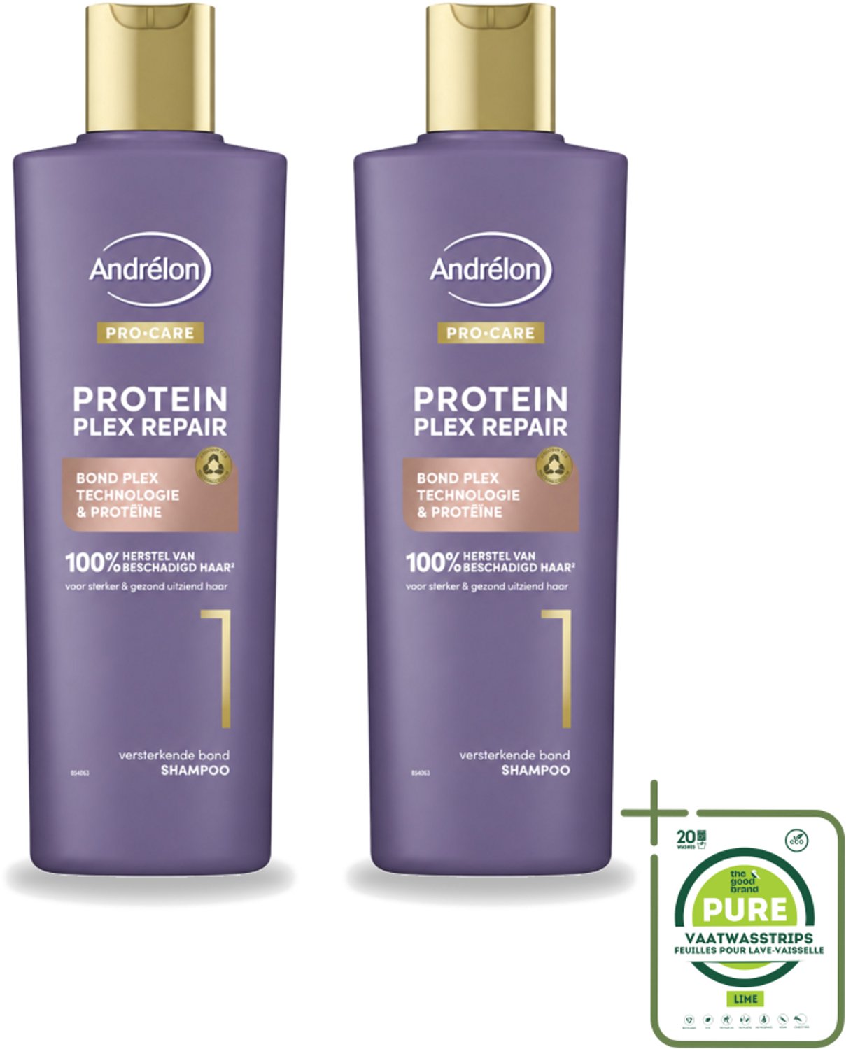 2 x Andrélon – Shampoo – Pro Care Protein Plex Repair – 250 ml - Grootverpakking - Vaatwasstrips - Herstel Haar - Beschadigd Haar - Proteïne Shampoo - Haar Herstel - Haar Structuur