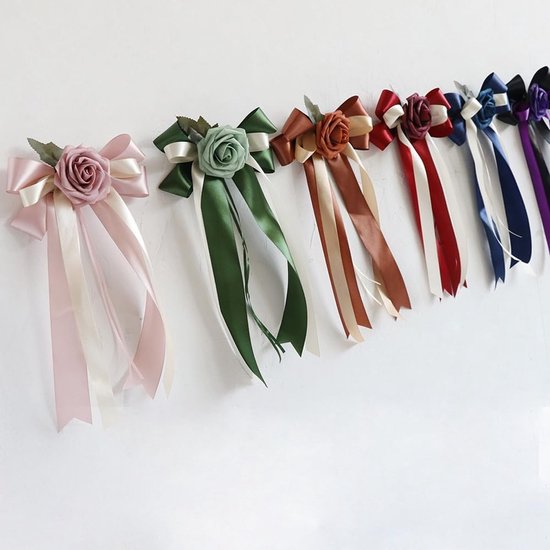 2 stuks autostrikken met zijden bloemen, bruiloftsstrikken, satijnen lint, bruiloft, autoversiering, bruiloftsauto, strik, bruiloftsdecoratie voor bruidsauto, bruiloftsfeest, blauw en wit — afbeelding 3