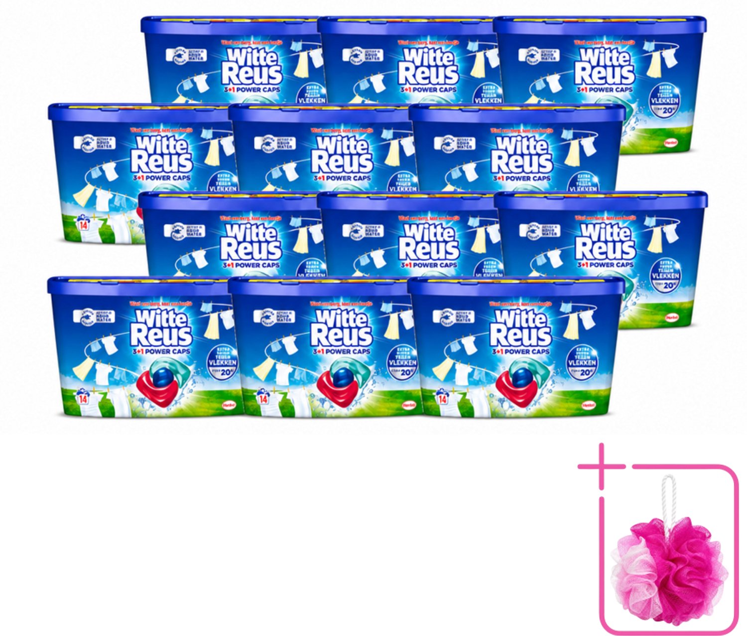 12 x Witte Reus - Wasmiddel - Power Caps 3+1 - 14 Capsules - Bulkverpakking - Wasmiddel - Douchemop - Wascapsule