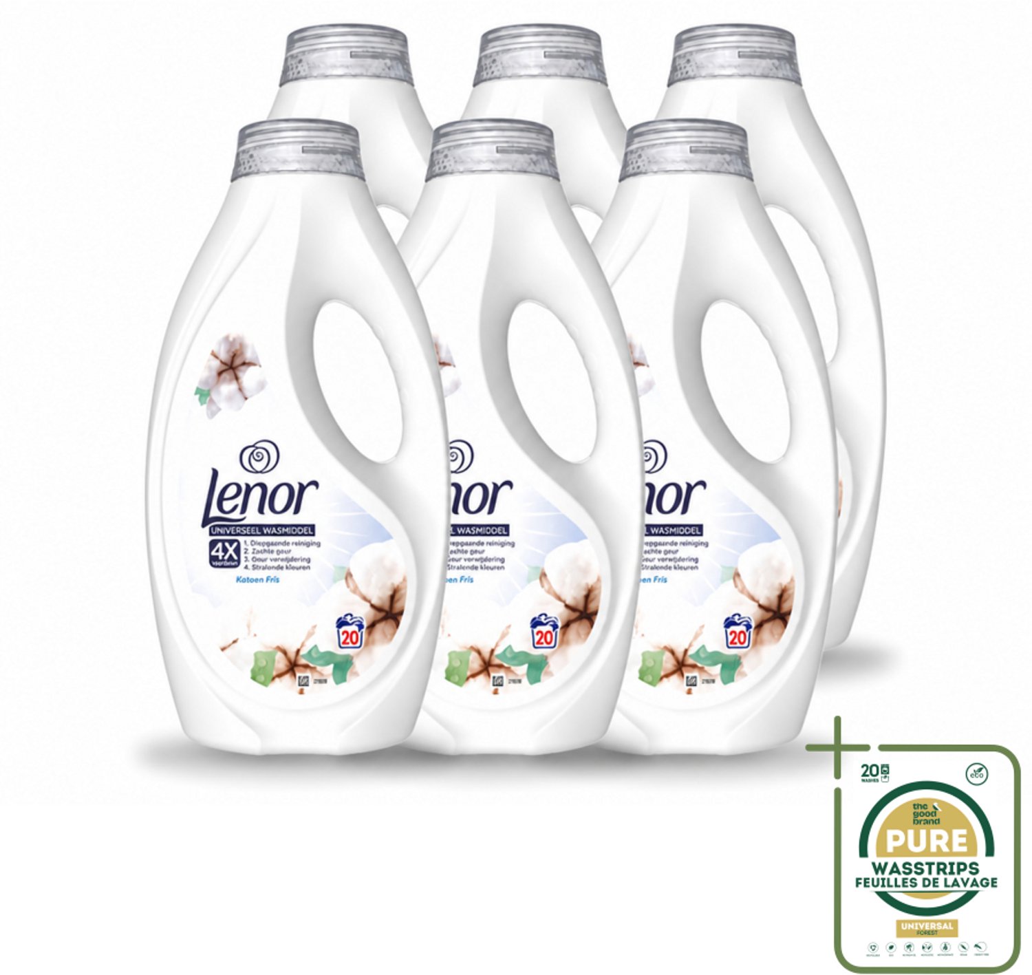 6 x Lenor – Wasmiddel – Katoen Fris – 20 Wasbeurten - 900 ml - Wasstrips - Wasmiddel Katoen - Wasmiddel Fris - Wasmiddel Voor Kleding - Wasmiddel Voor Koud Wassen - Kleurbeschermend Wasmiddel