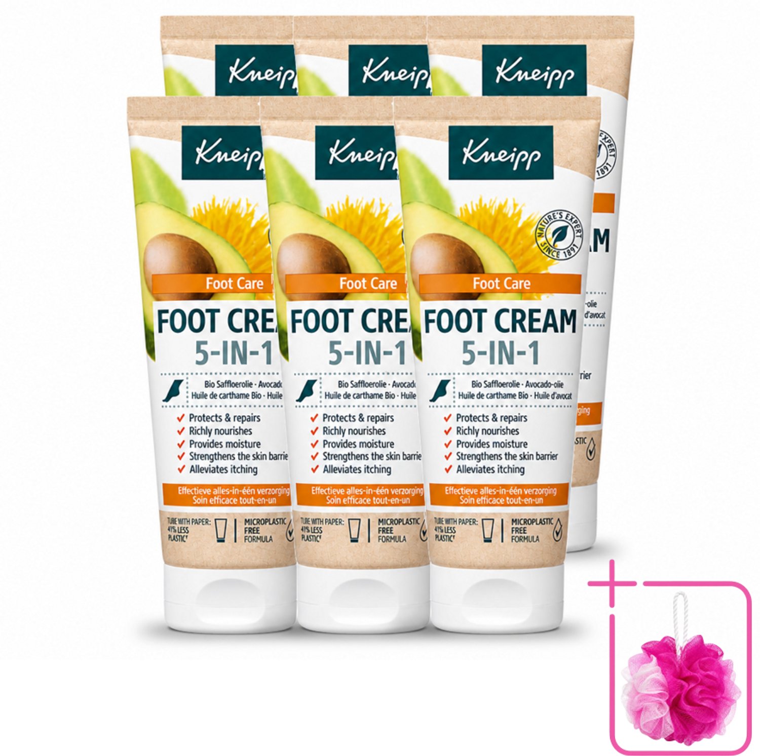 6 x Kneipp - Voetcrème 5‑in‑1 - Verlicht jeuk, hydrateert & herstelt - 75 ml - Bulkverpakking - Voetcrème - Douchemop - Voetverzorging