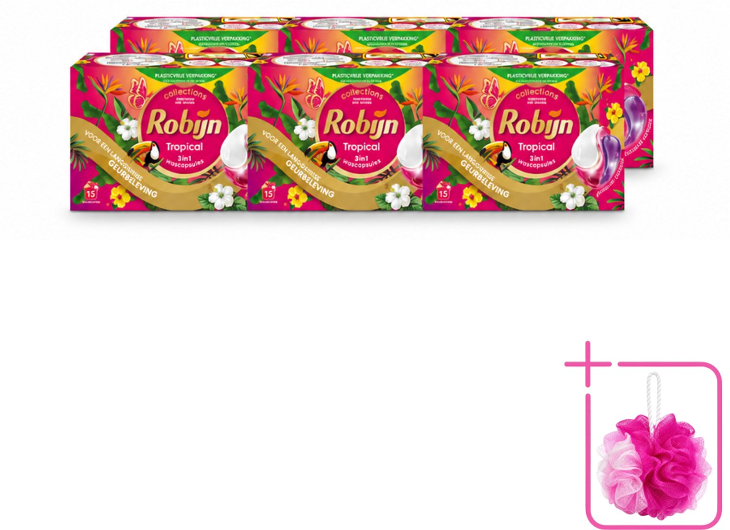 6 x Robijn - 3-in-1 Tropical - Wascapsules - 15 Wasbeurten - Bulkverpakking - Tropische geur - Douchemop - Wascapsules