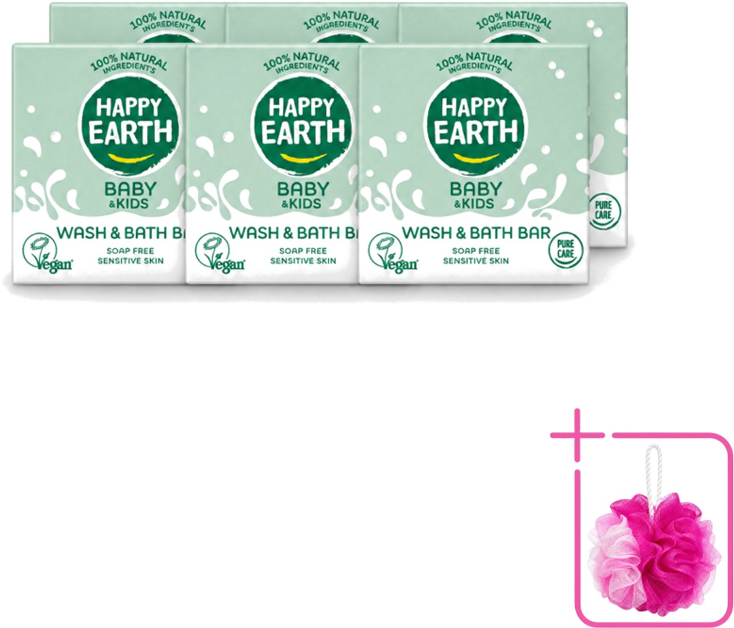 6 x Happy Earth – Wash & Bath Bar – 100% Natuurlijk Baby & Kids – 50 g - Bulkverpakking - Baby wasbar - Douchemop - Kind badbar