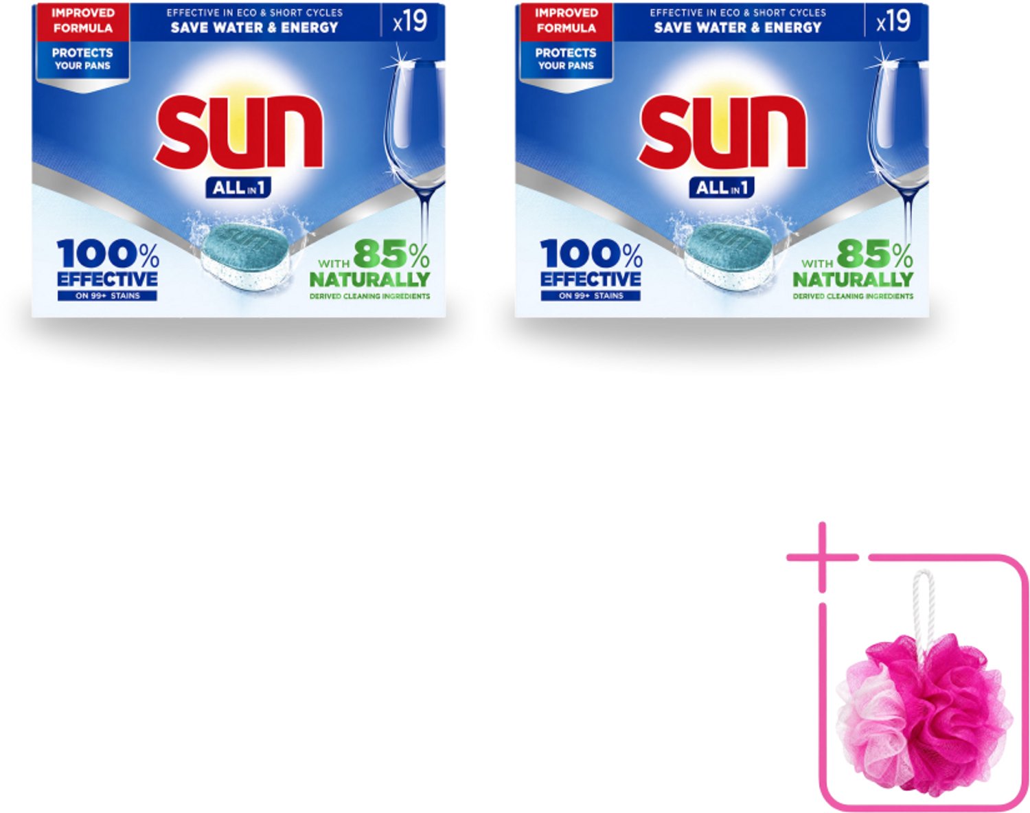 2 x Sun - Vaatwastabletten - All-in-1 Neutraal - 19 tabletten - Bulkverpakking - Vaatwasmiddel - Douchemop - Vaatwastablet