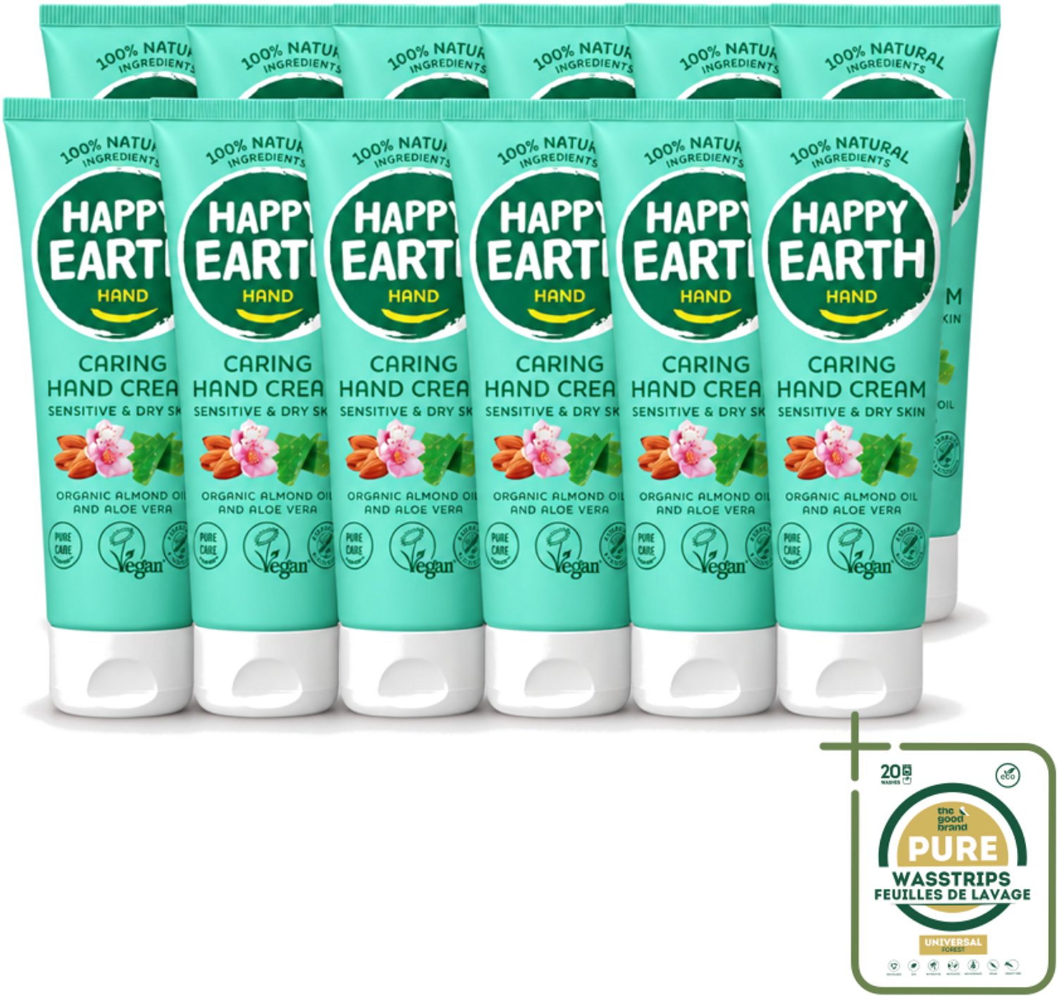 12 x Happy Earth – Handcrème – 100% Natuurlijk – 75 ml - Wasstrips - Natuurlijke Handcrème - Vegan Handcrème - Handcrème Voor Gevoelige Huid - Handcrème Met Amandel En Perzik - Handcrème Zonder Chemicaliën