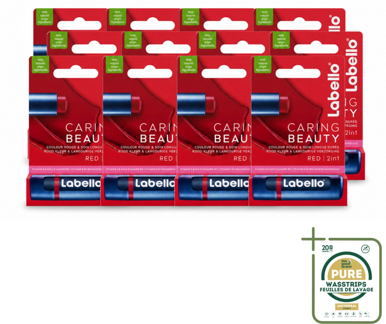 12 x Labello –Lippenbalsem – Caring Beauty Red – 5,5 ml - Wasstrips - Lippenbalsem - Verzorging - Kleur - Hydraatatie - Natuurlijke Ingrediënten