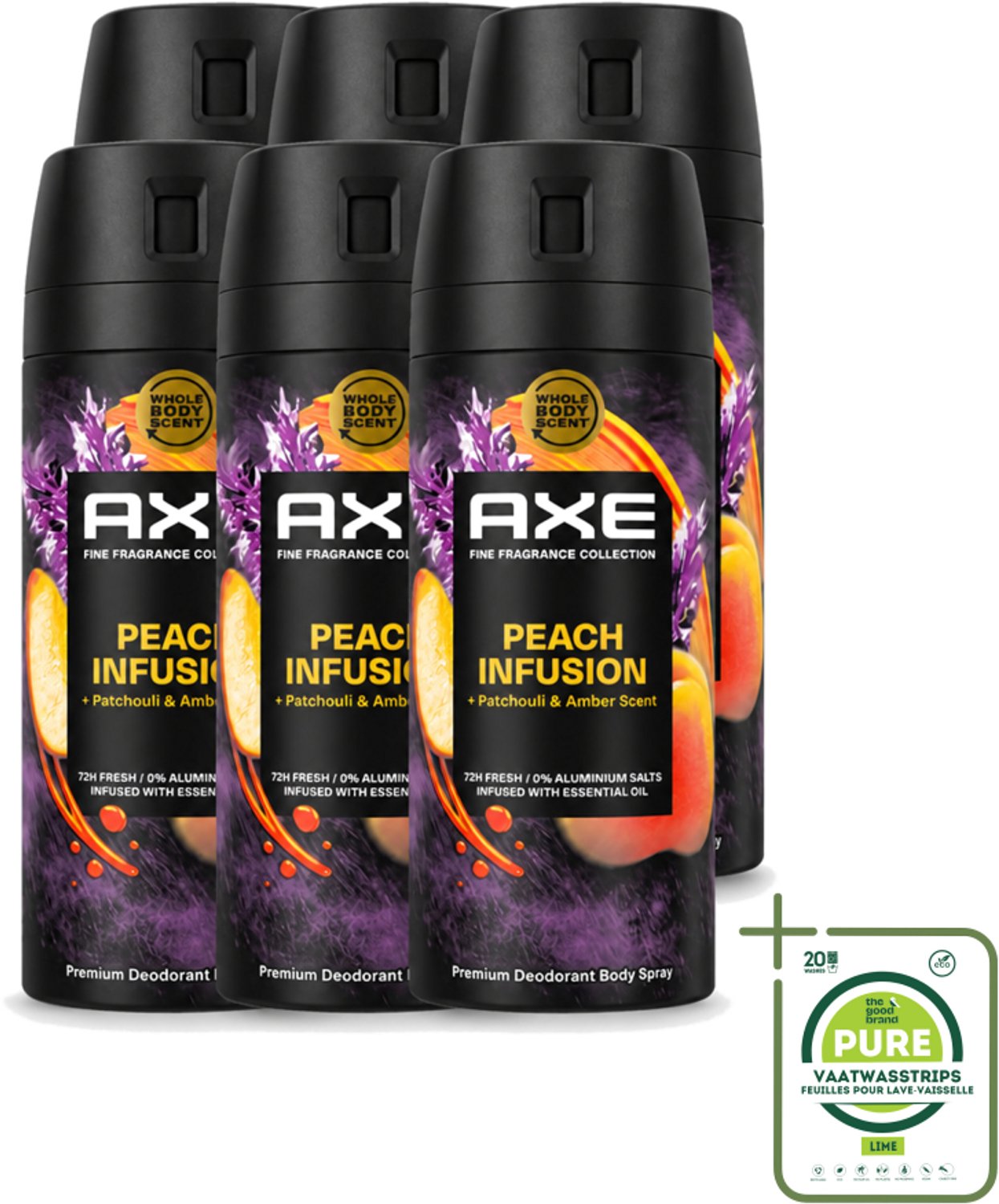 6 x Axe – Deodorant – Peach Infusion – 150 ml - Grootverpakking - Vaatwasstrips - Axe Deodorant - Bodyspray - Geur - Lichaamsgeur - Frisheid
