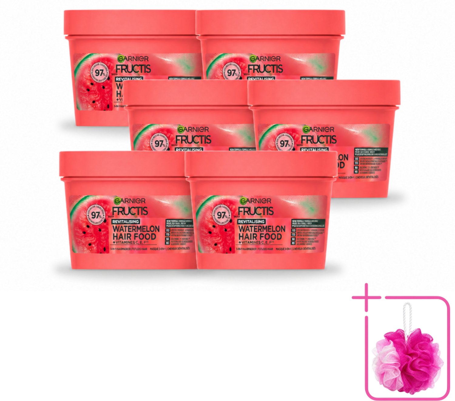 6 x Garnier - Fructis Hair Food Watermelon - 3-in-1 Haarmasker - Futloos Haar - 400 ml - Bulkverpakking - Haarmasker - Douchemop - Watermeloen