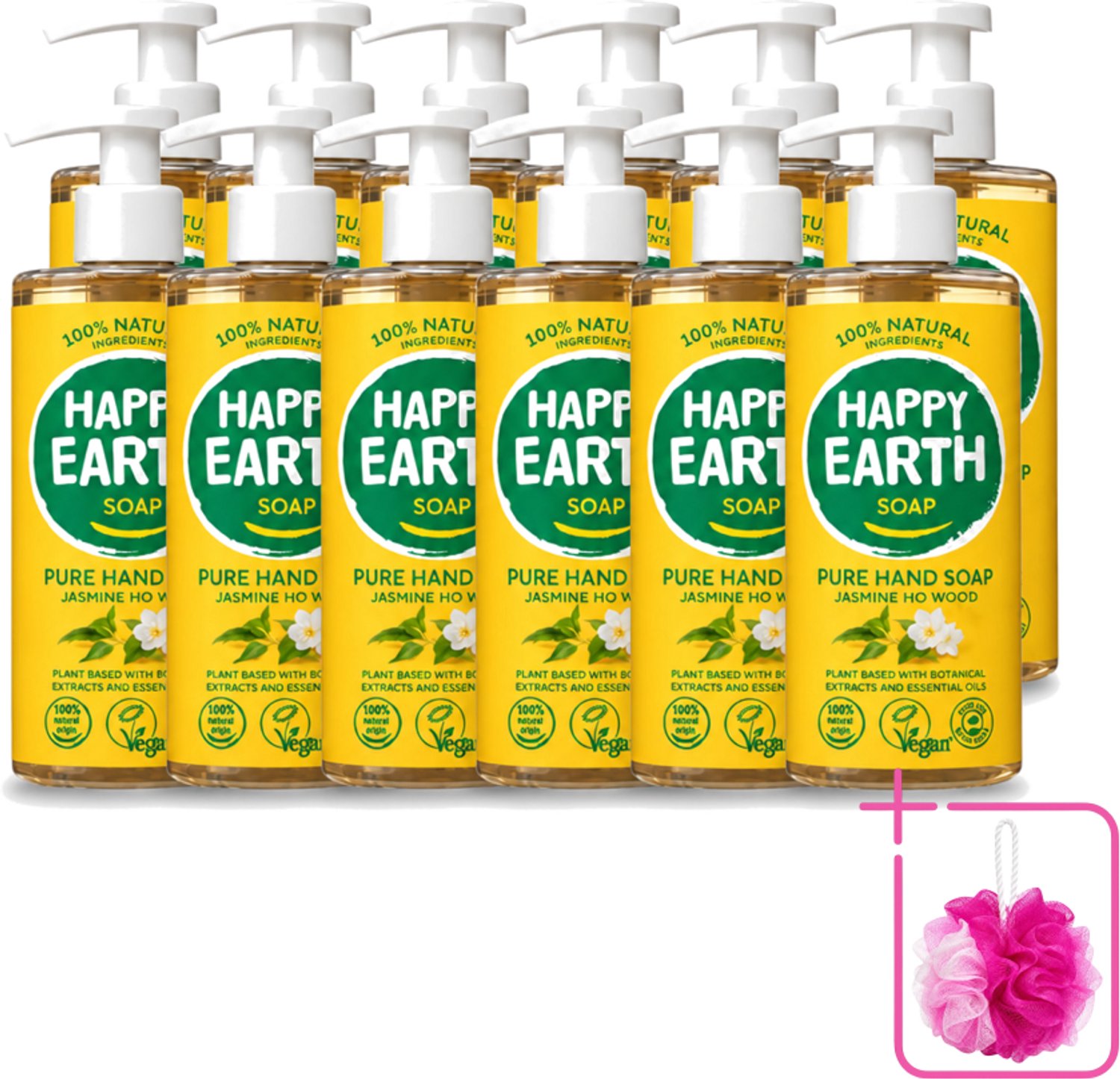 12 x Happy Earth – Handzeep – 100% Natuurlijk Jasmine Ho Wood – 300 ml - Bulkverpakking - Natuurlijke handzeep - Douchemop - Vegan handzeep