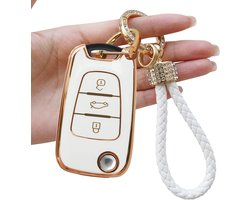 Yumzeco Siliconen TPU autosleutelhoes, cover, 3 toetsen, autosleutelhoes, compatibel met Hyundai I30 ix35, Verna Elantra Carens Sportage, auto Keyless Smartkey beschermhoes met sleutelhanger (wit)