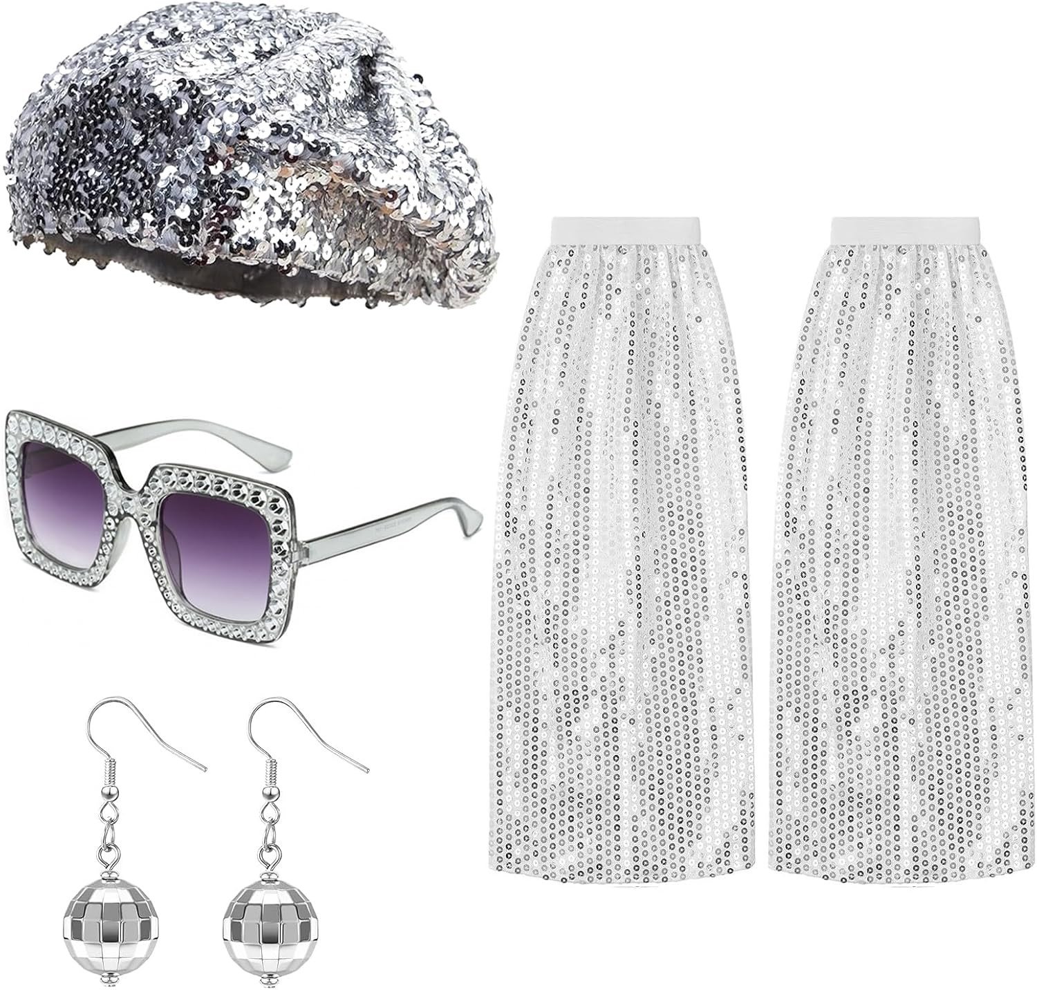 Retro discokostuum voor dames en heren met pailletten, accessoires voor carnaval en feesten, inclusief oorbellen, bril en beenwarmers