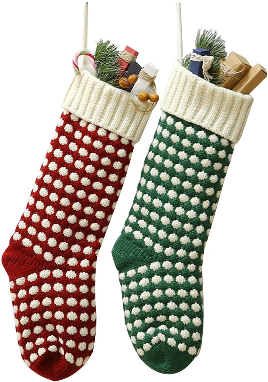 Set van 2 paar gebreide kerstsokken, 45,7 cm, bordeauxrood en groen