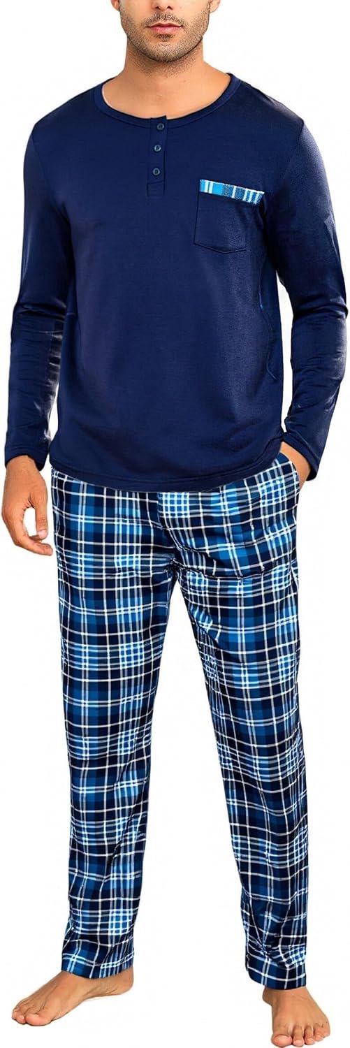 Pyjama heren lange pyjama katoen tweedelige nachtkleding set mannen winter ronde hals met borstzak