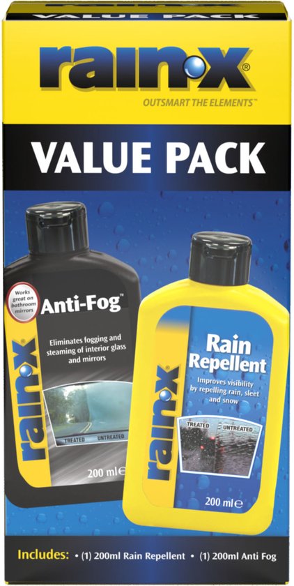 Rain-X waarde verpakking met een 200ml Anti-Fog fles en een 200ml Rain Repellent fles.