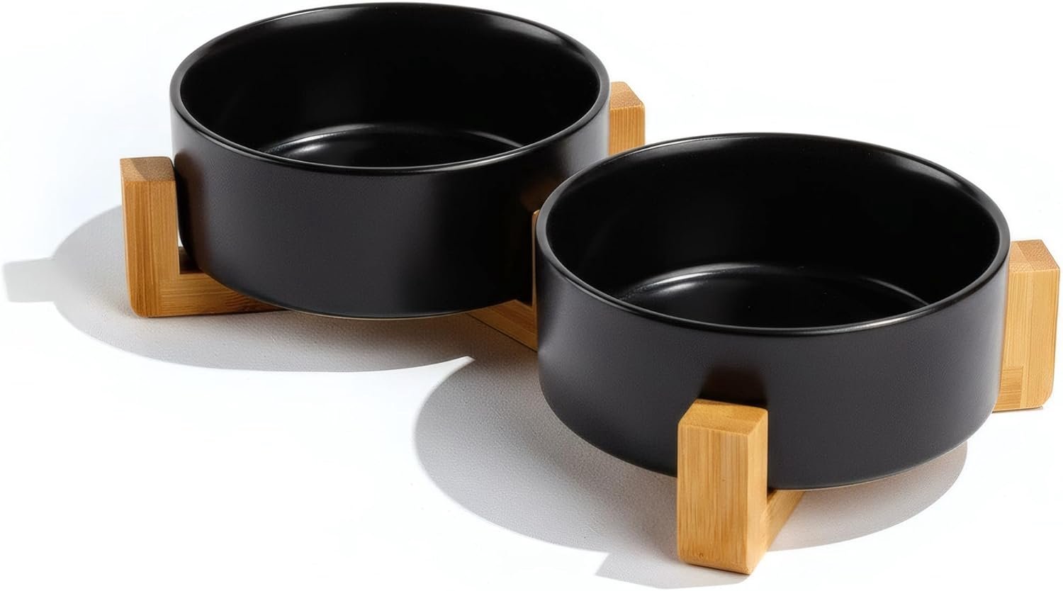 Hondenbak keramische kattenbak - dubbele bak (voerbak, waterbak) - 13 cm voerbak hond kat (400 ml voerbak) met bamboe standaard vaatwasmachinebestendig grote kleine honden katten (zwart)
