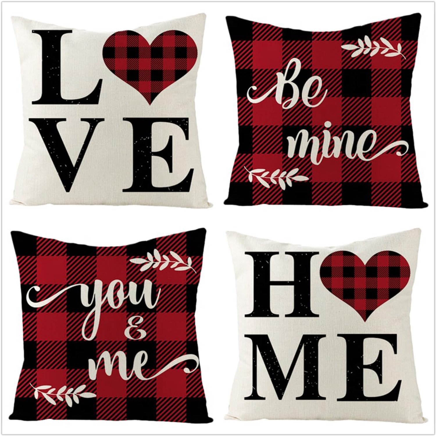 Buitenkussens 80 x 80 cm, zwart rood geruite tuinkussens 80 x 80 cm, fluwelen zachte kussenhoes voor buiten met onzichtbare rits voor sofa stoel woonkamer, set van 4