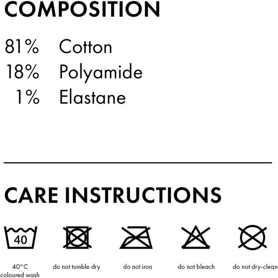 Samenstelling: 81% katoen, 18% polyamide, 1% elastane. Wasinstructies: 40 graden gekleurde was, niet in de droger, niet strijken, niet bleken, niet chemisch reinigen.