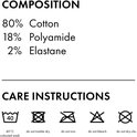 Samenstelling: 80% katoen, 18% polyamide, 2% elasthaan. Wasinstructies: 40°C gekleurd wassen, niet in de droger, niet strijken, niet bleken, niet chemisch reinigen.